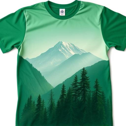 Camiseta verde com estampa de árvores e montanhas